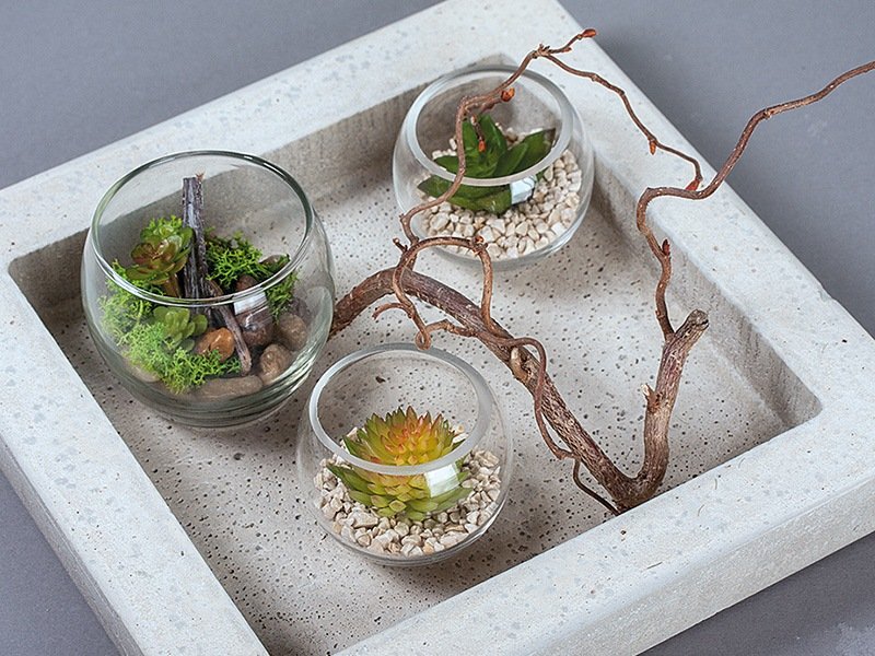 Beton-Schale mit Glasgefäßen