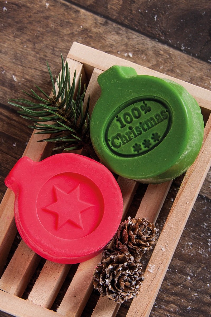 Wooden soap dish with red & green soap